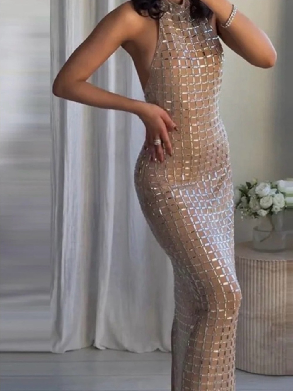 Zara Nude Beaded Backless Halter Gown